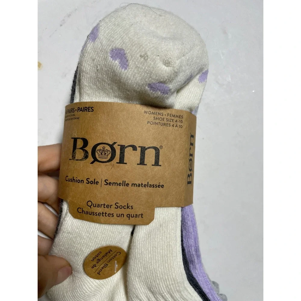 Born Quarter Socks Womens 4-10 Multi Color Heart Cushion Sole Casual 4 Pair Pack